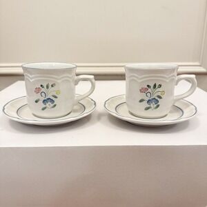 Hearthside Floral Expressions Stoneware Tea Cup & Saucer Set Of 2 Blue Cottage